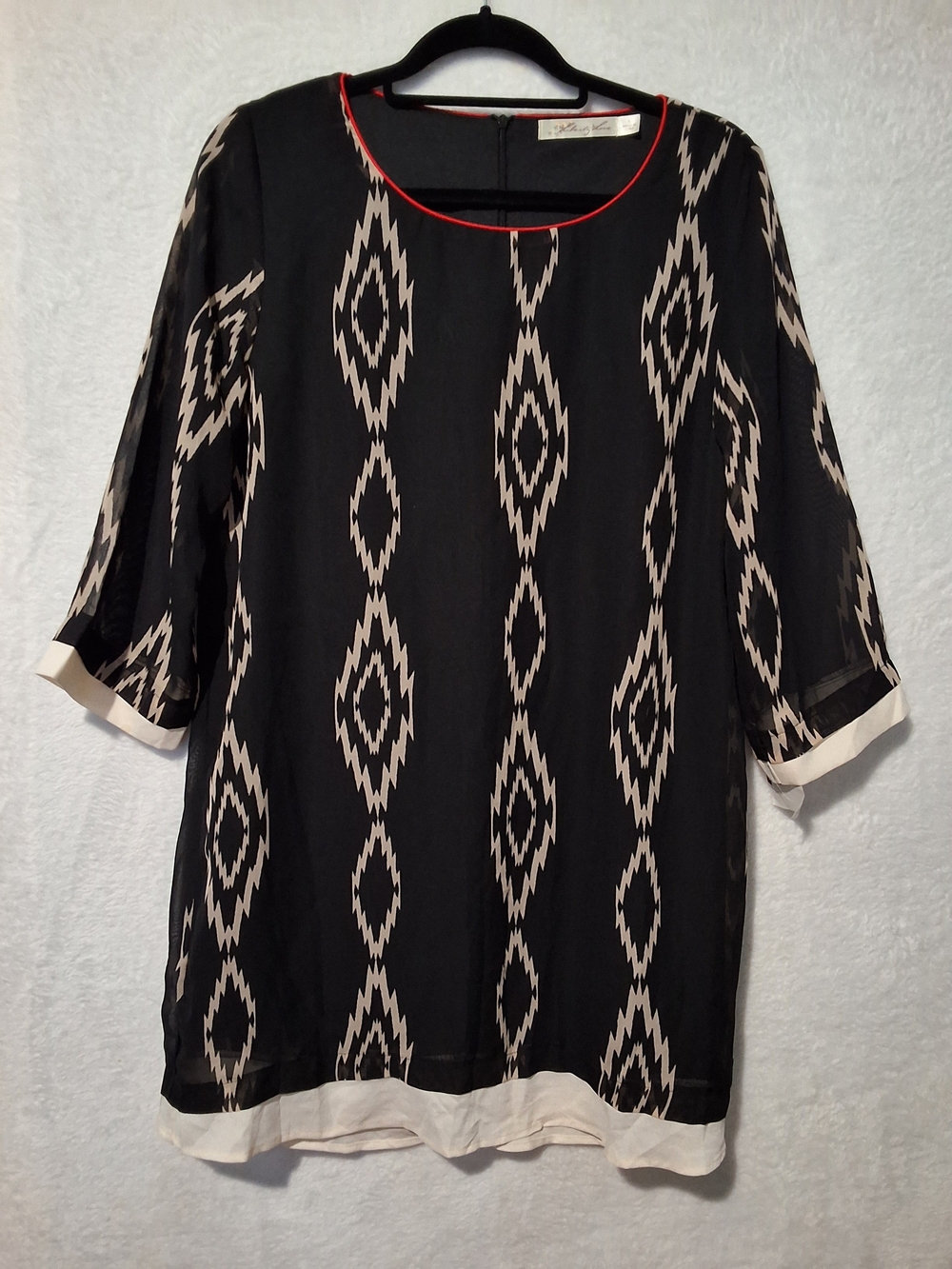 Women's Black Geometric Print Blouse with Cream Trim